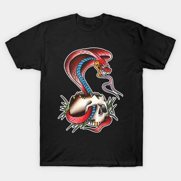 Red Cobra with Skull Tattoo Design T-Shirt by forevertruetattoo